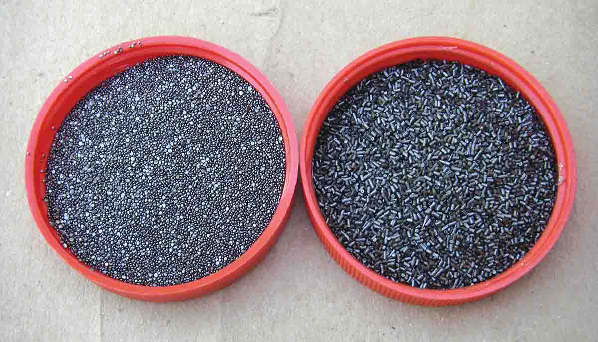 Both spherical (Ball) and extruded powders can give top performance in the .223 Remington. Examples include Ramshot TAC (left) and Accurate 2015 (right).